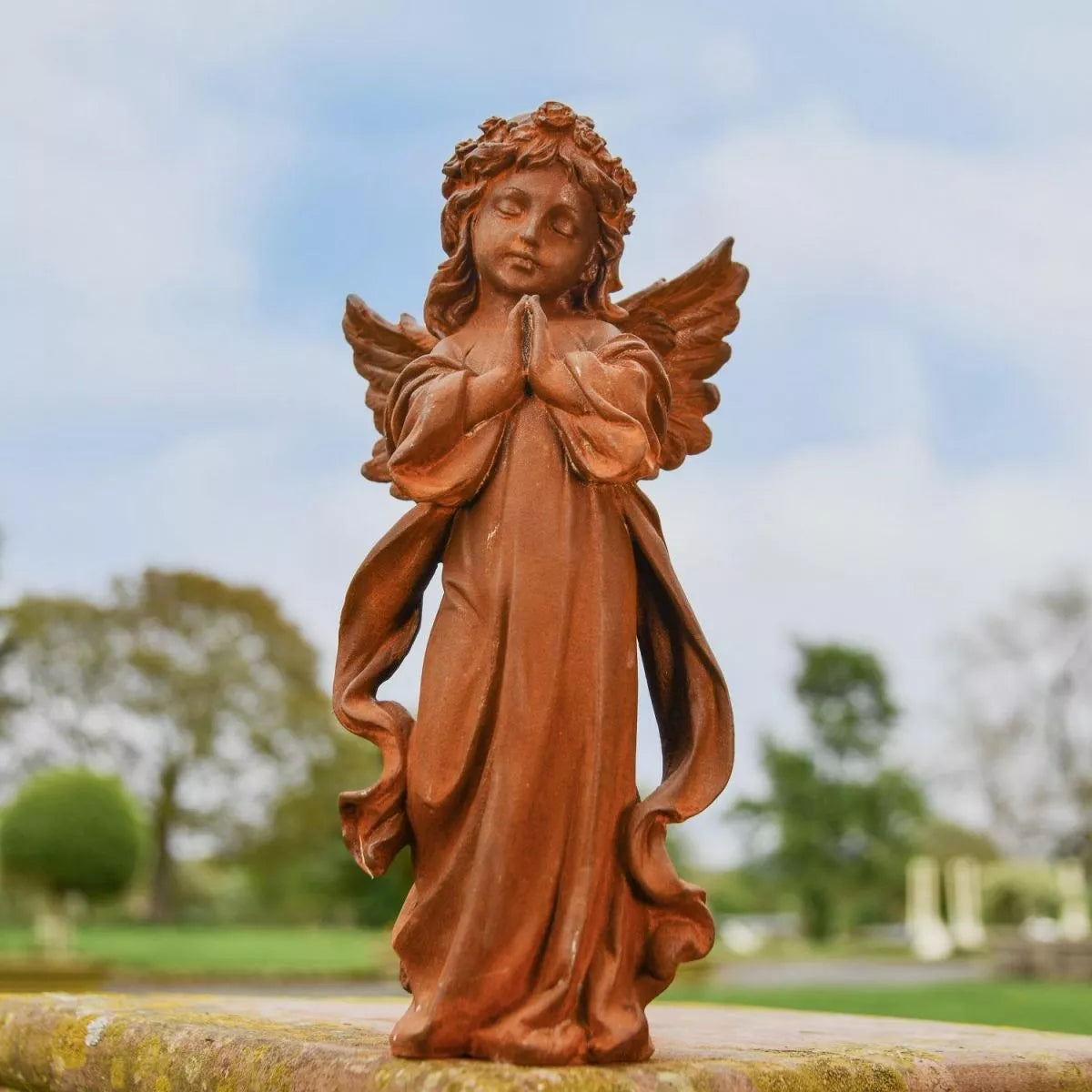 Rustic Cast Iron Winged Praying Angel Sculpture