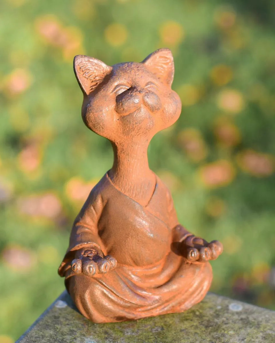 Rustic Cast Iron "Cat Meditating" Garden Sculpture